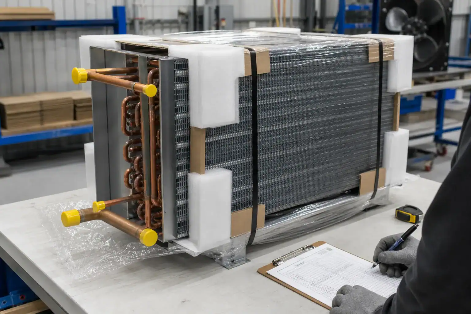 Custom replacement evaporator coil protected for shipment and quality inspection