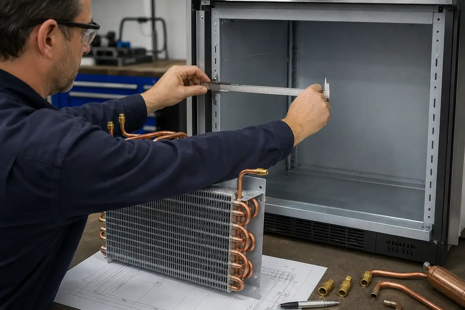 Engineer measuring a cabinet opening to match a custom replacement evaporator coil