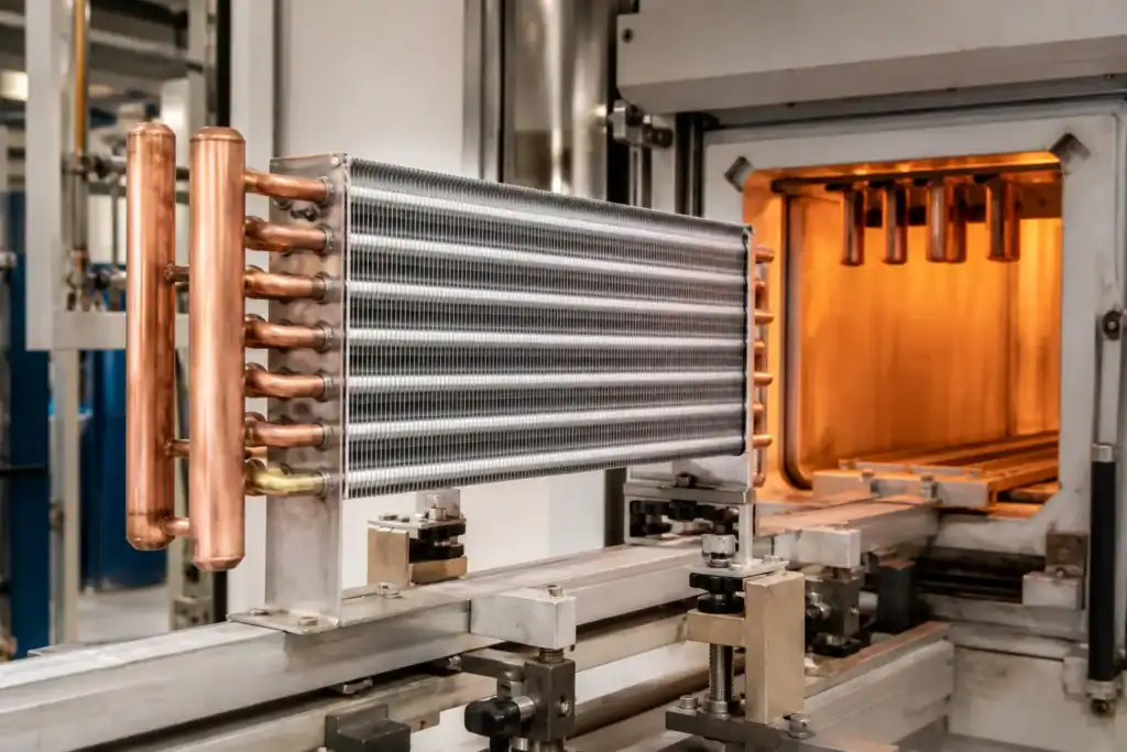 Commercial refrigeration system with copper pipes and cooling coils.