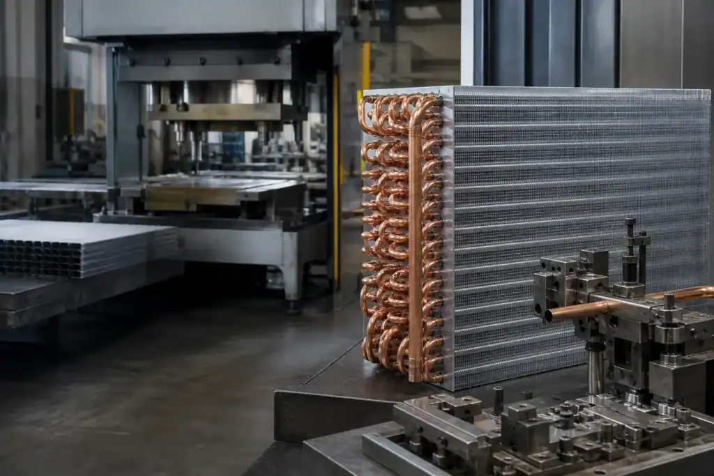 Industrial refrigeration unit with copper coils in a manufacturing facility.