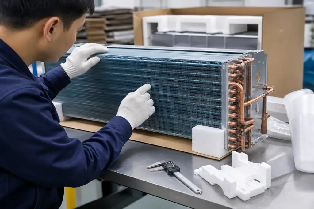 Technician inspecting a commercial refrigeration coil for optimal performance.