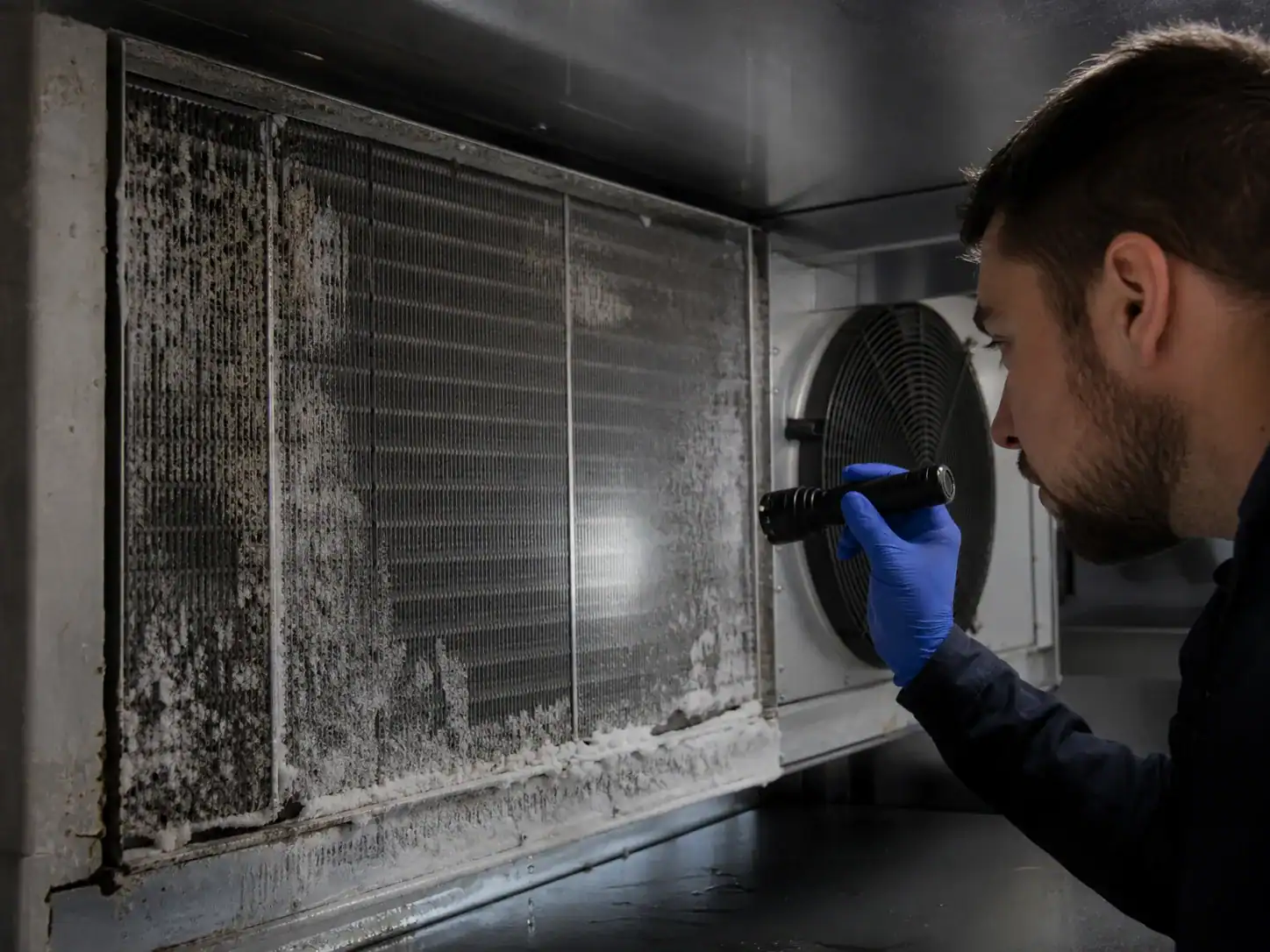 Technician inspecting a dirty and frosted commercial refrigerator evaporator coil