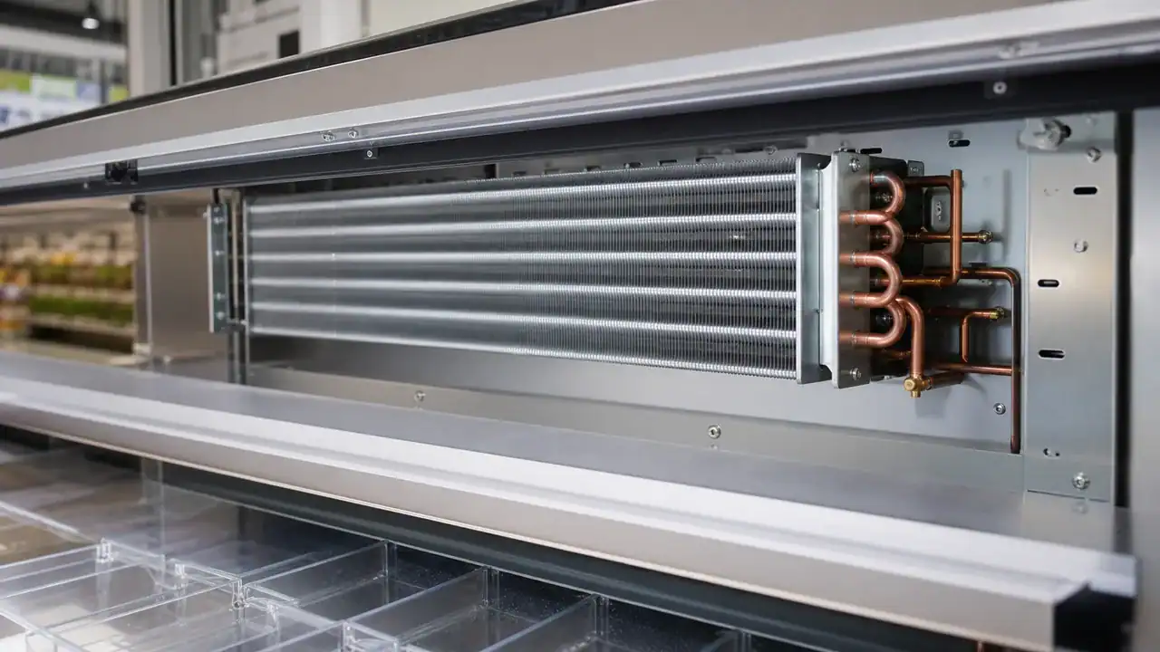 Display case evaporator coil installed in a commercial supermarket display case