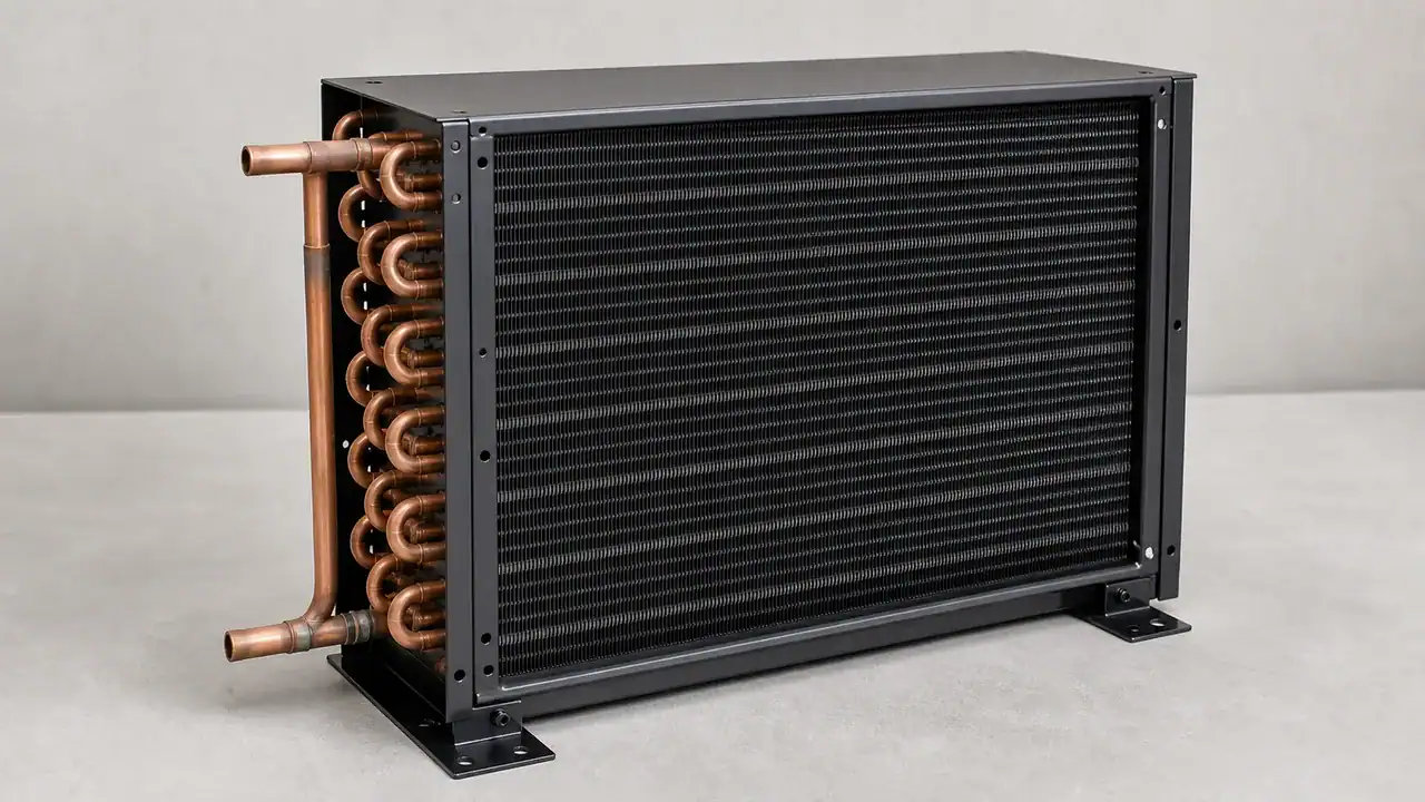 Black coated commercial condenser coil with copper tubing and mounting frame