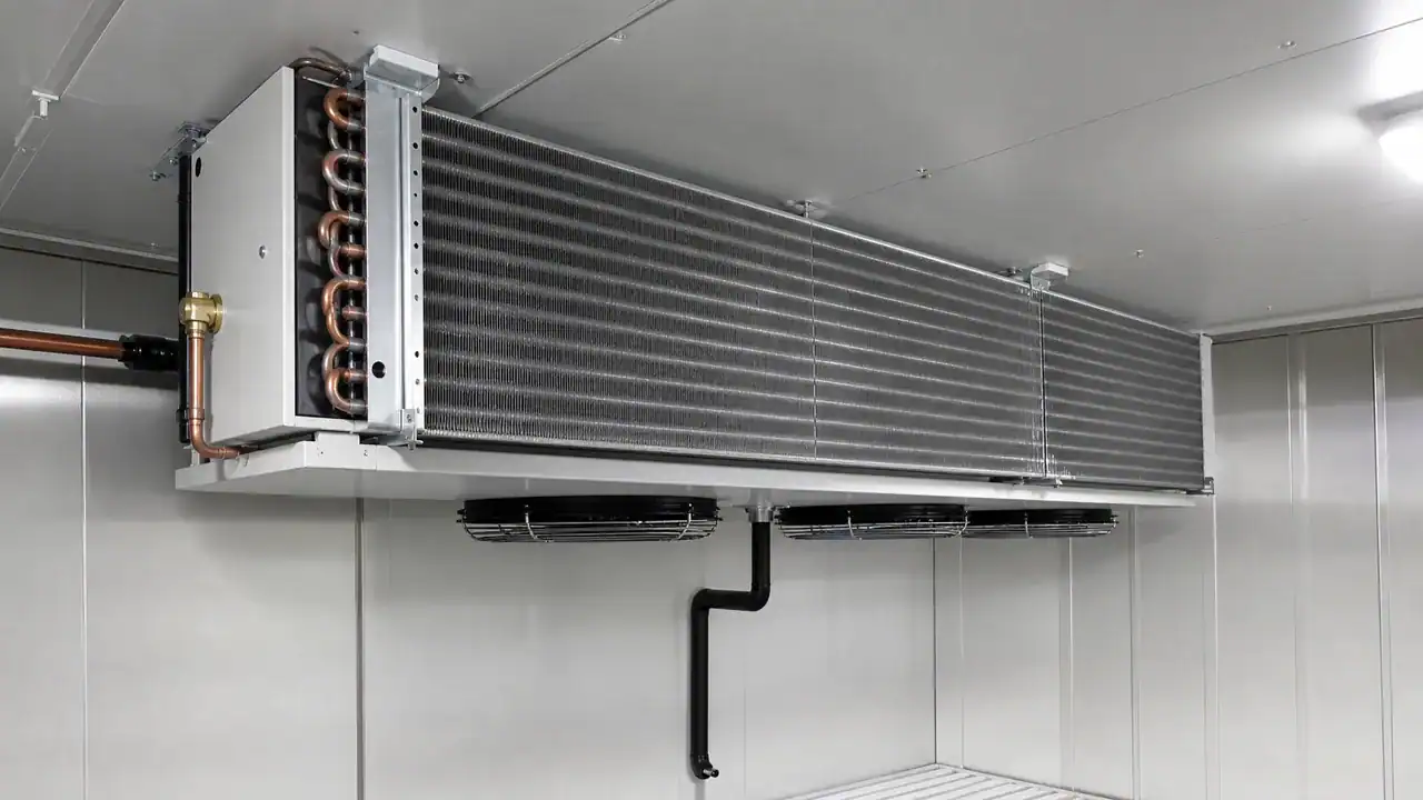 Finned evaporator coil mounted inside a commercial walk-in cooler