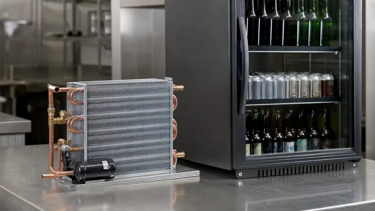 Compact copper and aluminum heat exchanger beside a commercial beverage cooler
