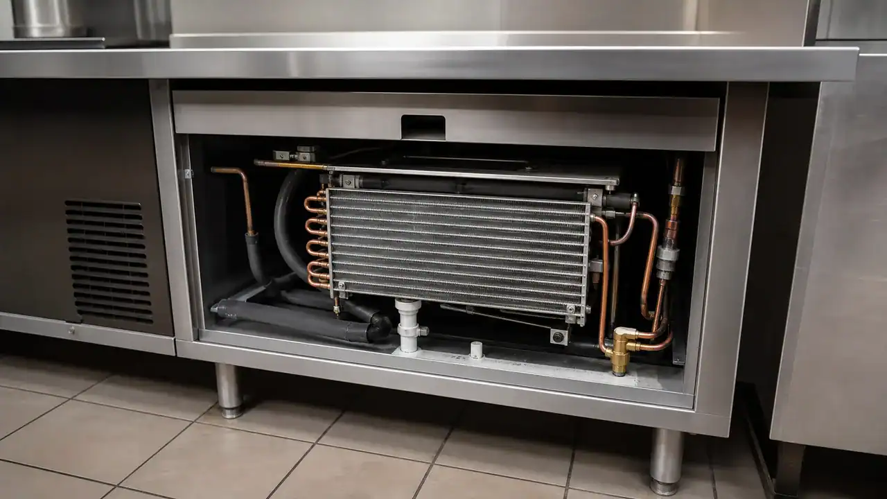 Refrigeration coil assembly installed beneath a stainless commercial prep table