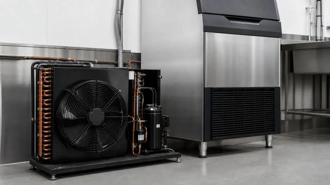 Commercial ice machine condenser coil assembly with fan guard and copper tubing