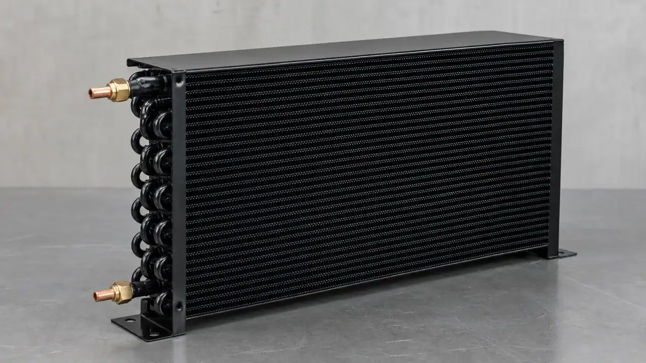 Black epoxy coated condenser coil with copper fittings and fin detail