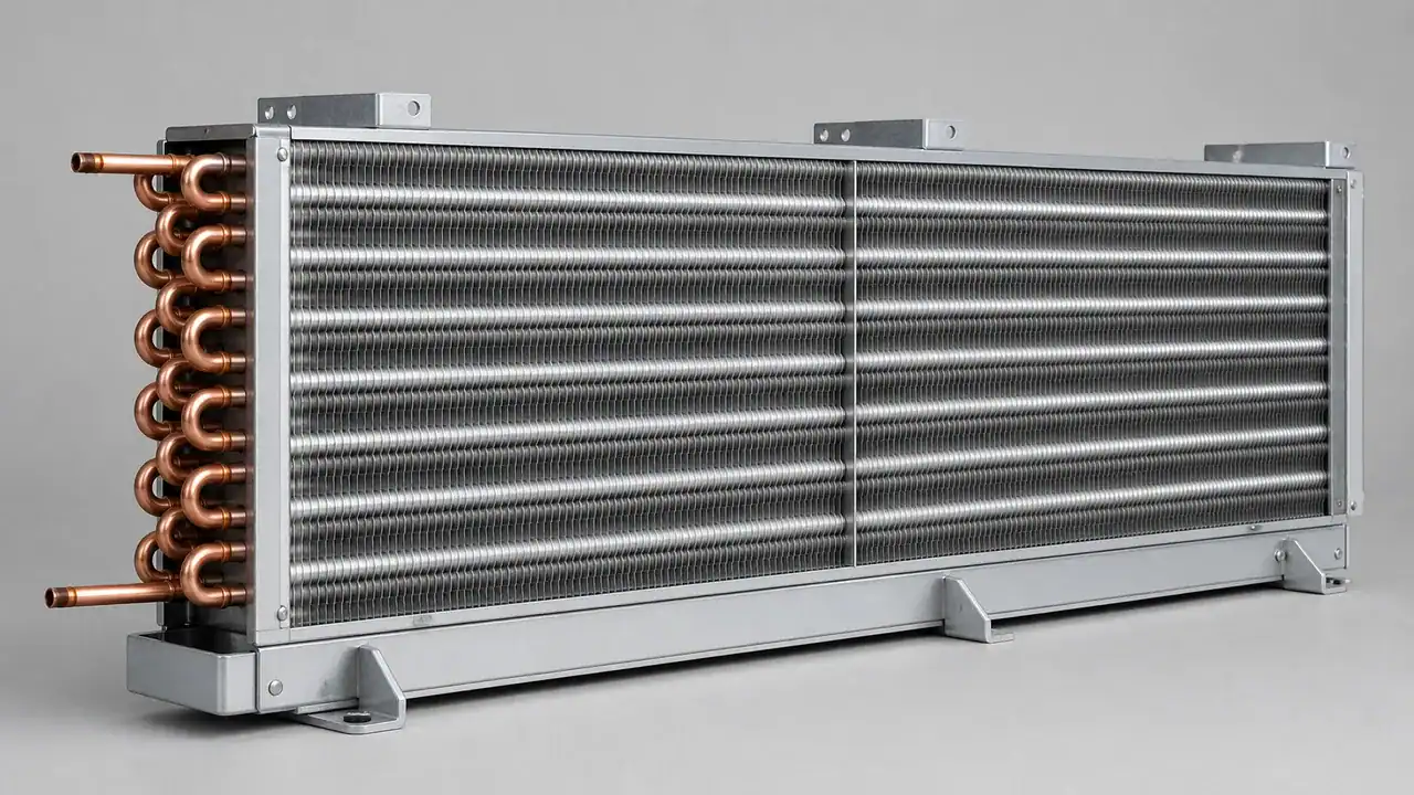 Large commercial freezer evaporator coil with aluminum fins and copper return bends