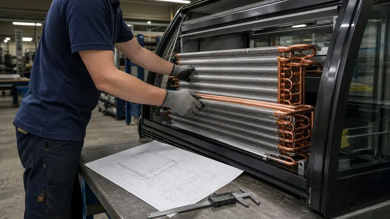 Technician checking the fit of a custom cooling coil inside a commercial display case