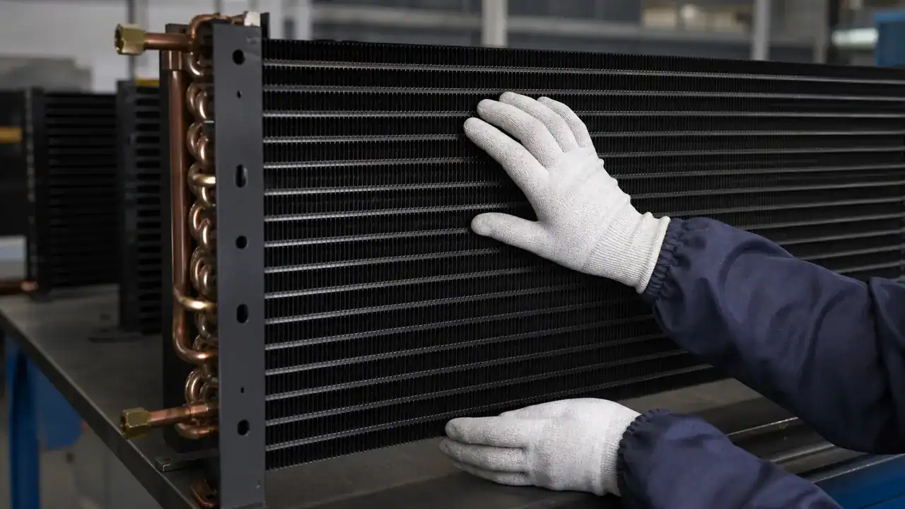 Technician inspecting protective coating on a commercial condenser coil