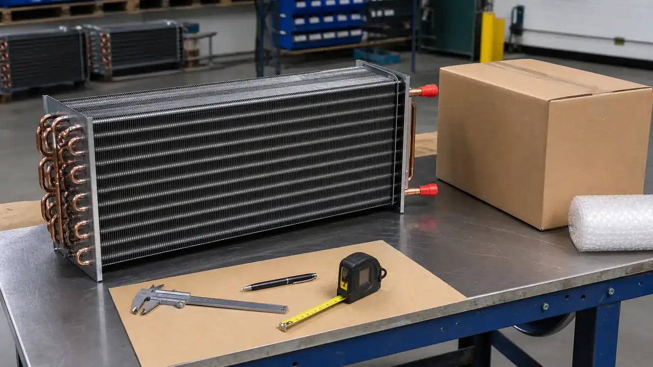 Replacement commercial refrigeration coil with measurement tools and packing materials