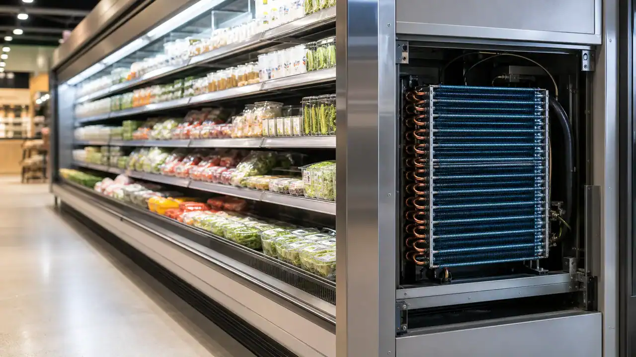 Commercial supermarket display case with evaporator coil visible through the service panel