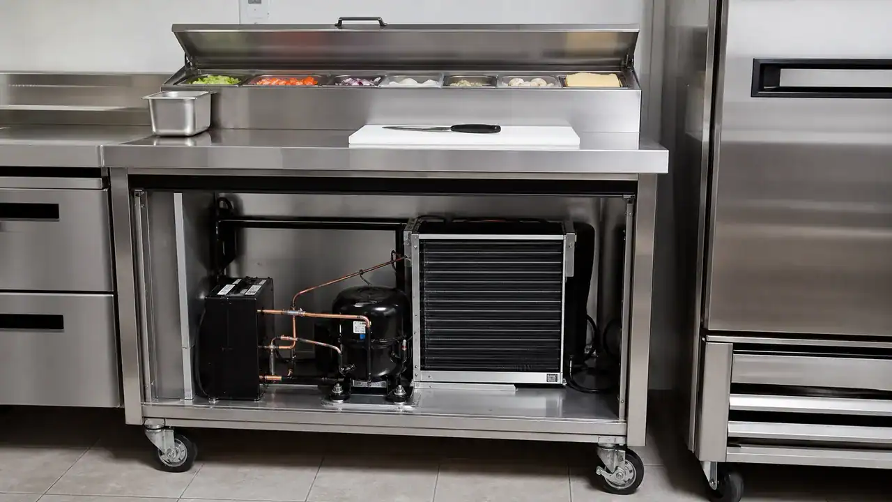 Commercial food service prep table with refrigeration coil assembly visible through the service opening