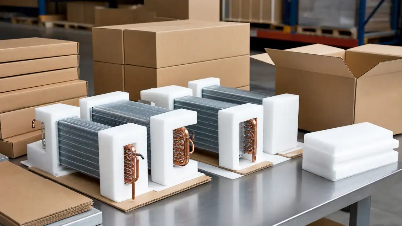 Commercial refrigeration coils protected with foam and staged for wholesale shipment