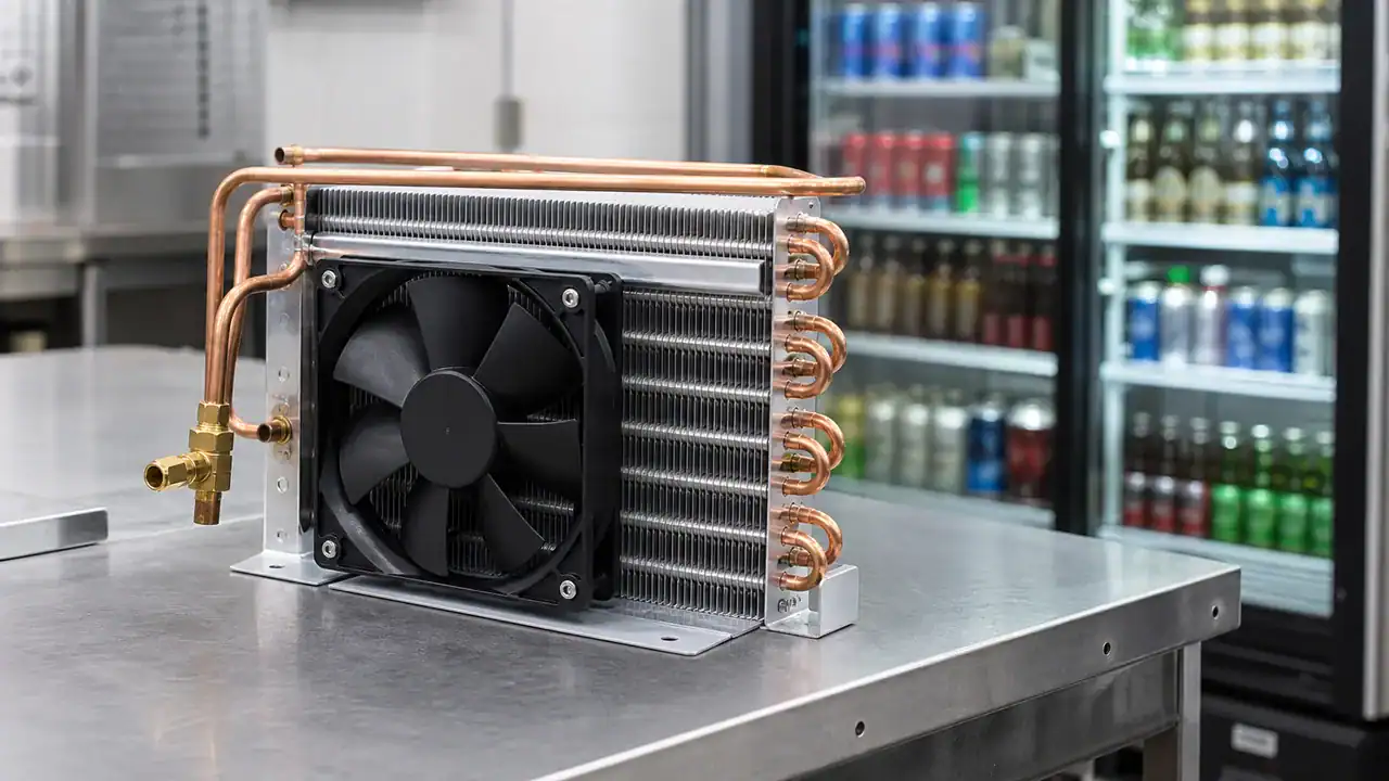 Industrial refrigeration cooling unit with fan and copper pipes.