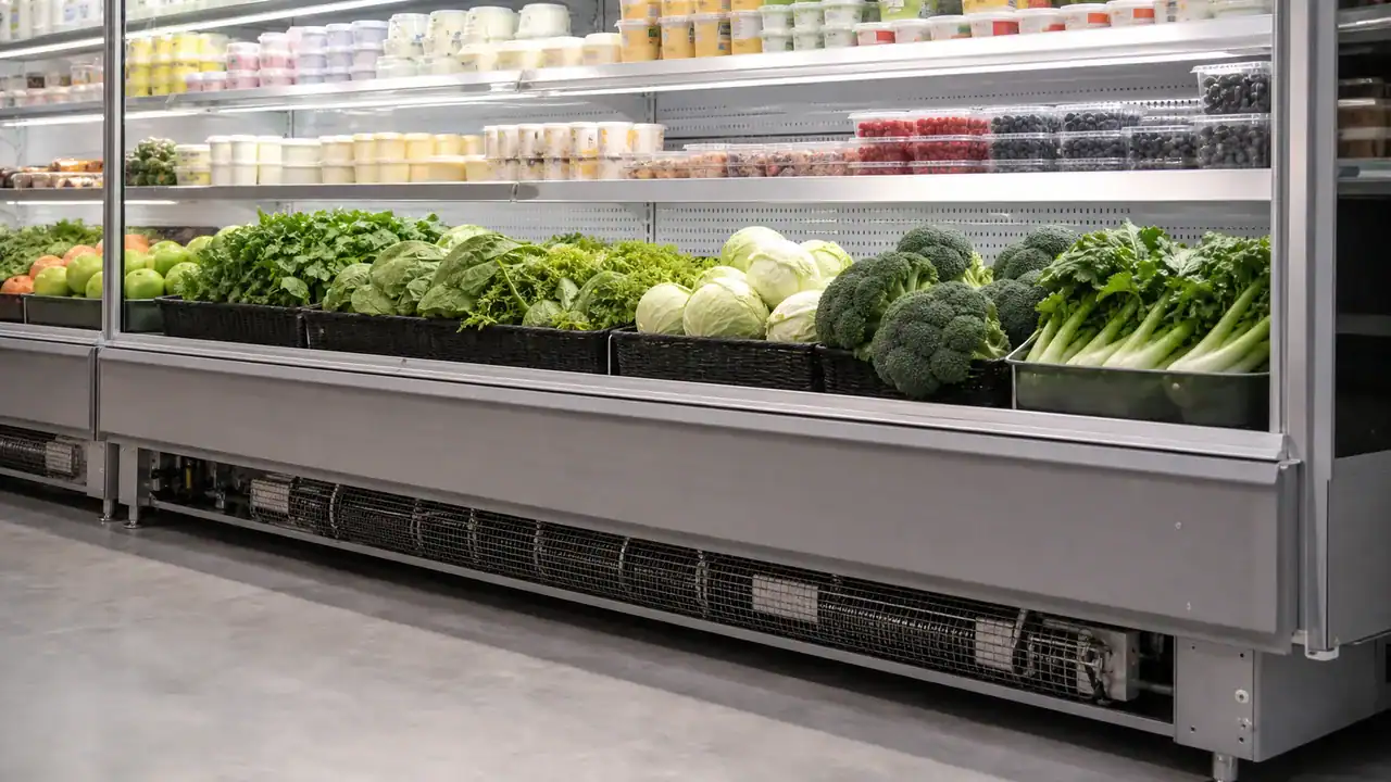 Refrigeration display case with fresh vegetables and dairy products.