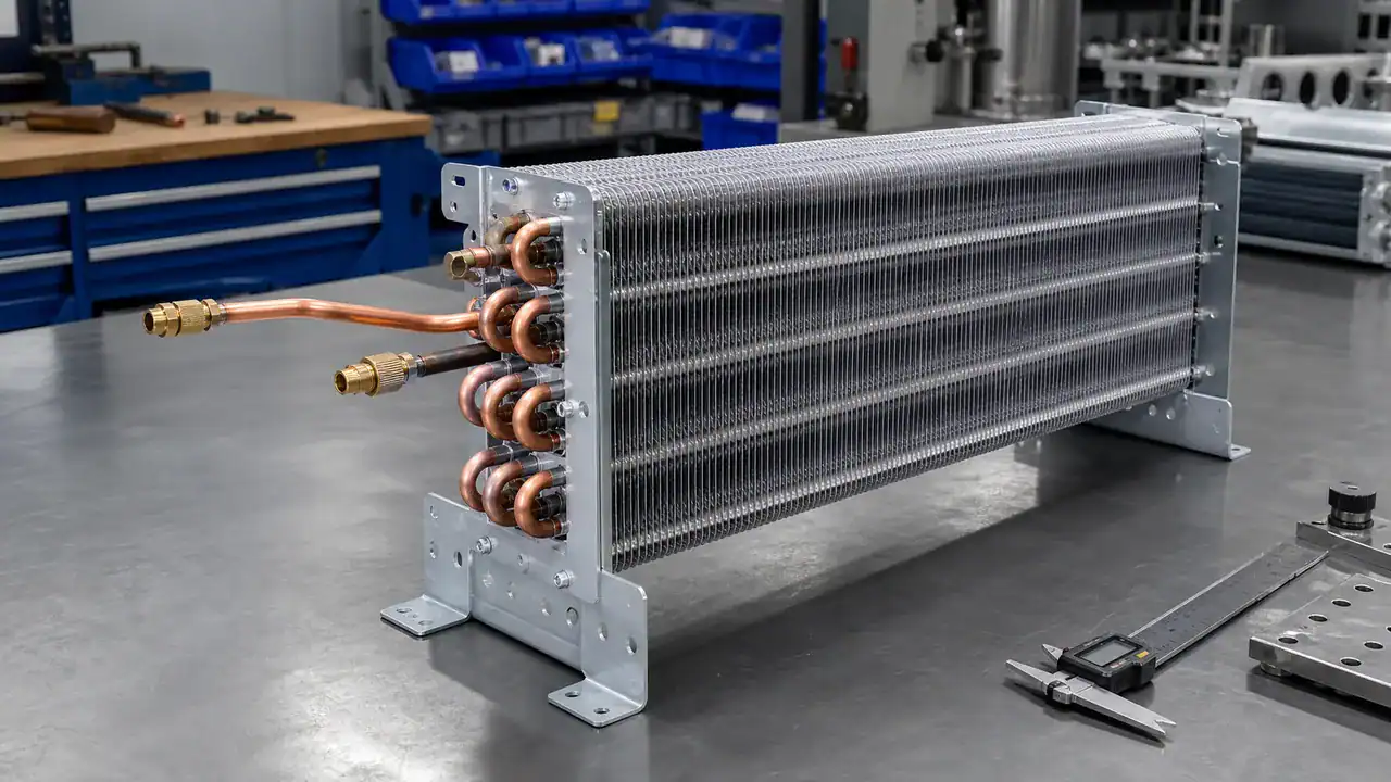Industrial refrigeration condenser unit with copper pipes and metal fins.