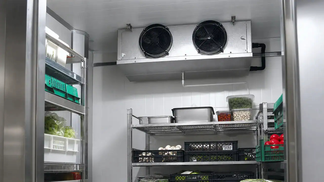 Commercial refrigeration unit with cooling fans and organized shelves.
