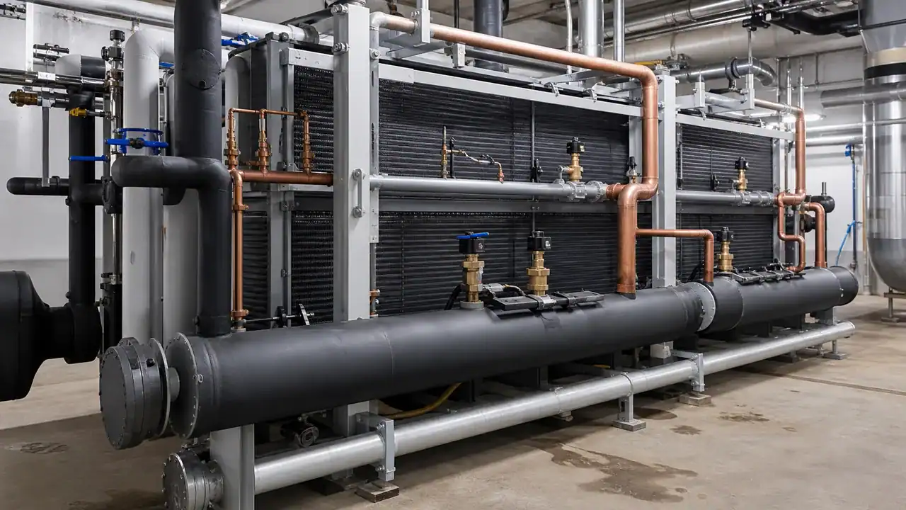 Industrial refrigeration coils with copper piping and black cooling fins in a commercial facility.