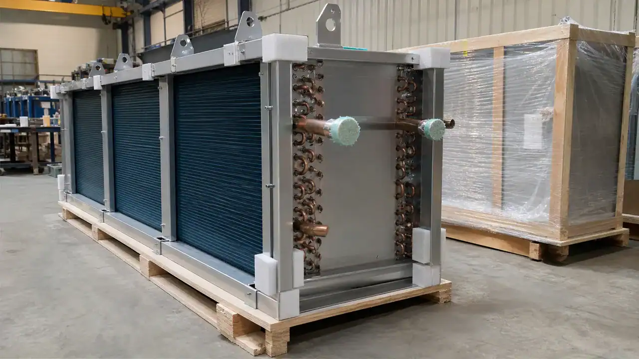 Large industrial refrigeration coil for cooling systems in manufacturing.