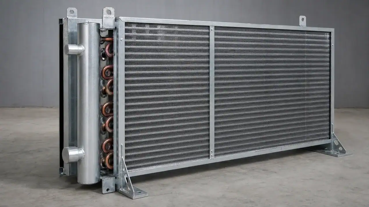 Large industrial refrigeration coil with metal fins and copper tubing for cooling.