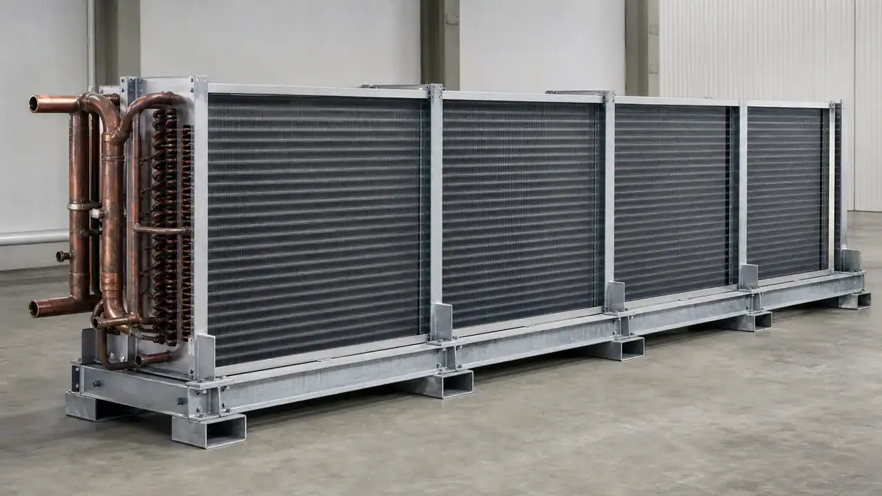Large industrial refrigeration coil with copper pipes and metal fins.