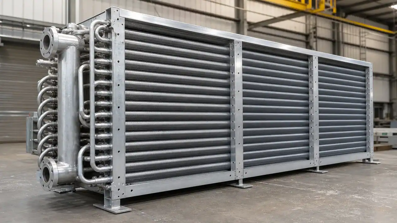 Large industrial refrigeration coil with metal pipes in a factory setting.