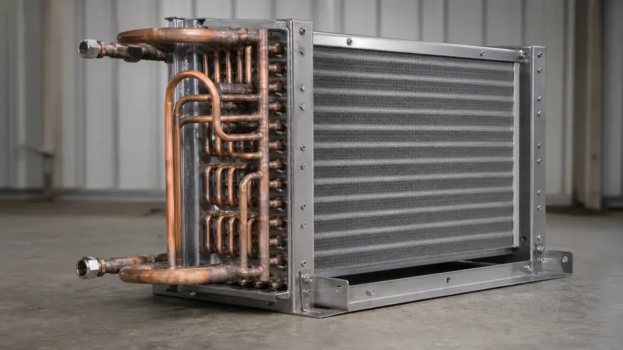 Industrial refrigeration coil with copper pipes and aluminum fins for cooling.