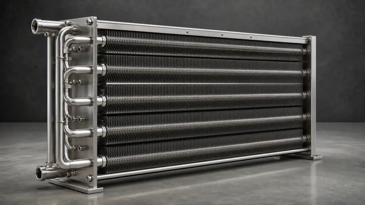 Industrial refrigeration coil with multiple black tubes and metal fittings.