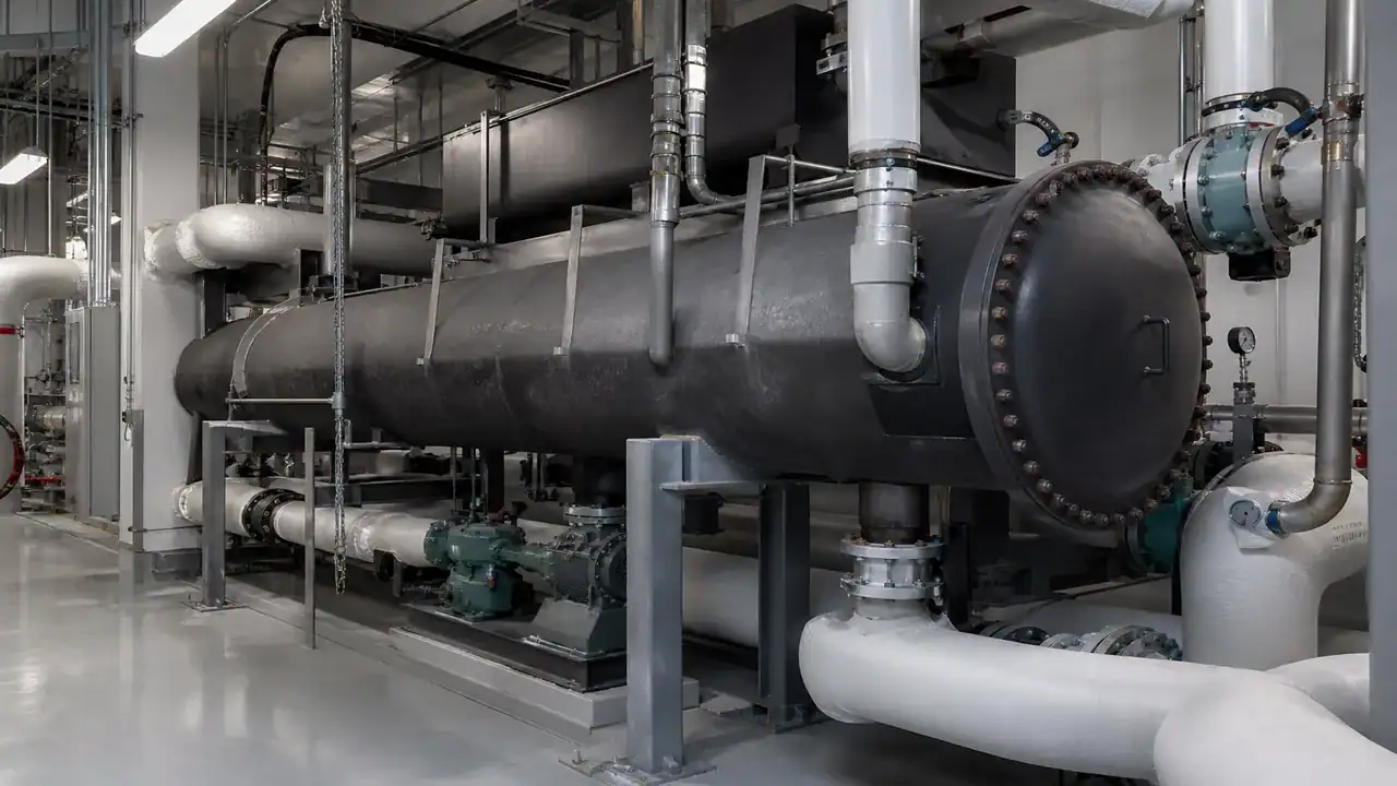 Industrial refrigeration coil system with pipes and valves for cooling applications.