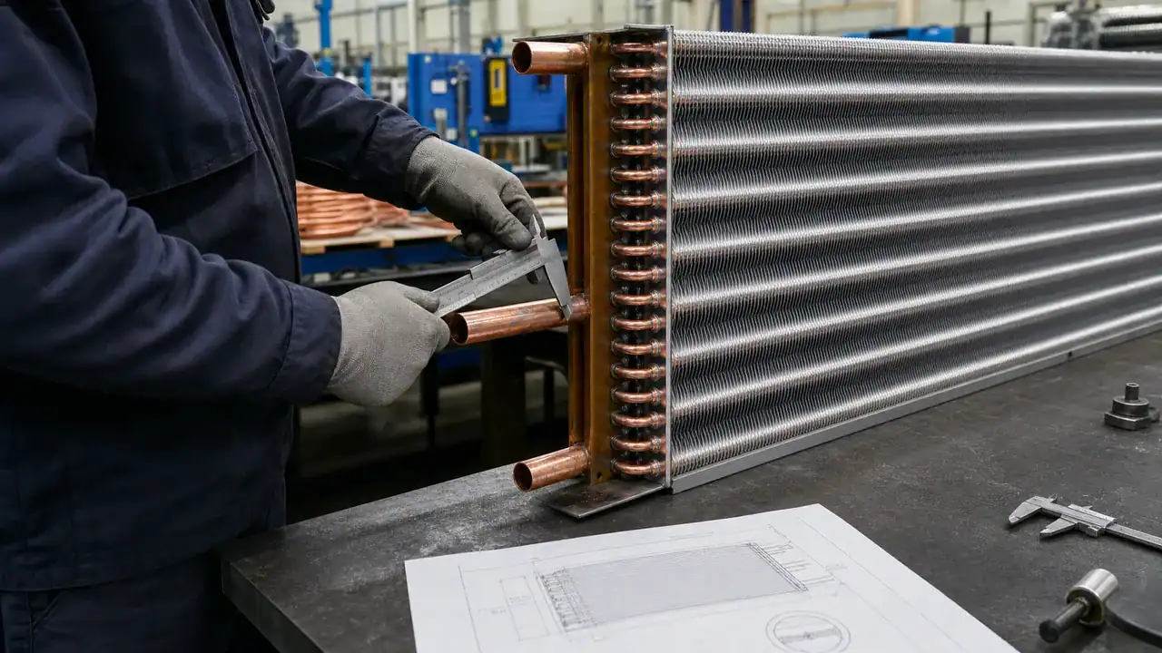 Technician assembling industrial refrigeration coil with copper tubes and fins.