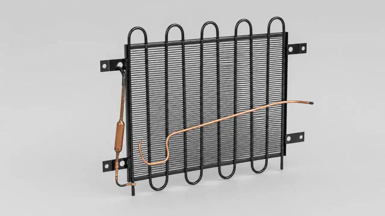 Refrigerator condenser coil with coated wire frame and copper tubing