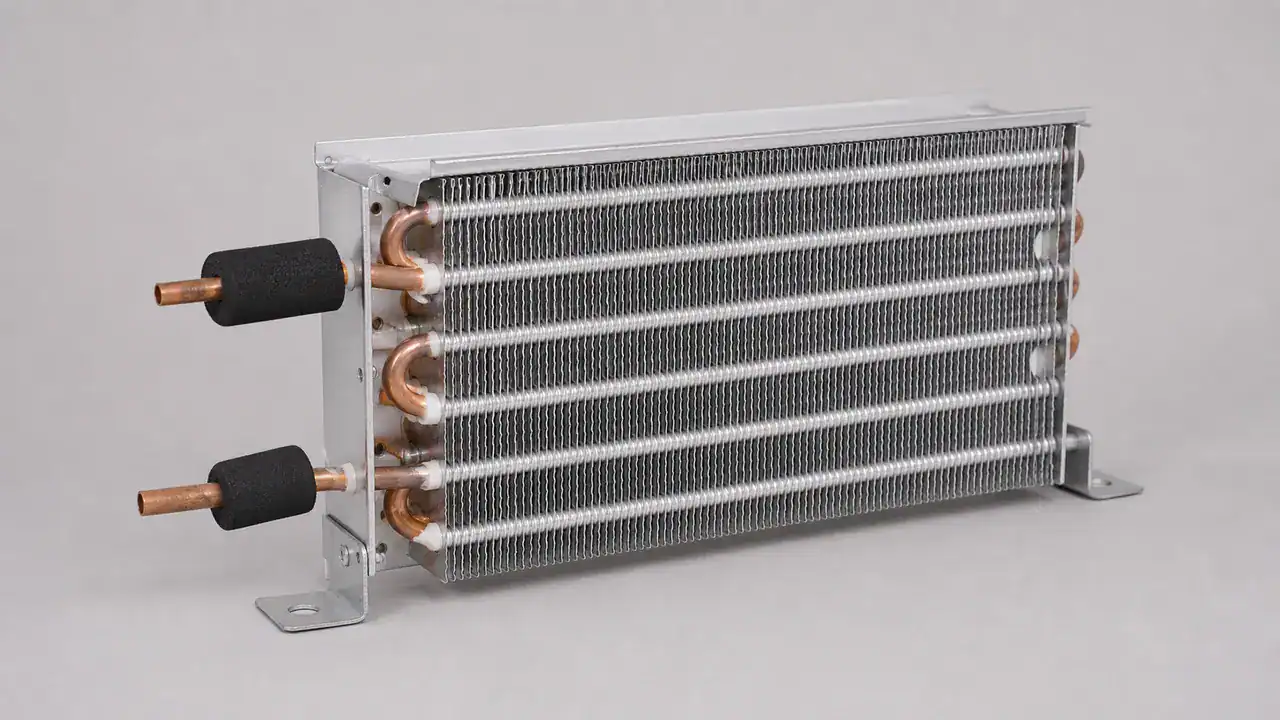 Freezer evaporator coil assembly with aluminum fins and copper tubing
