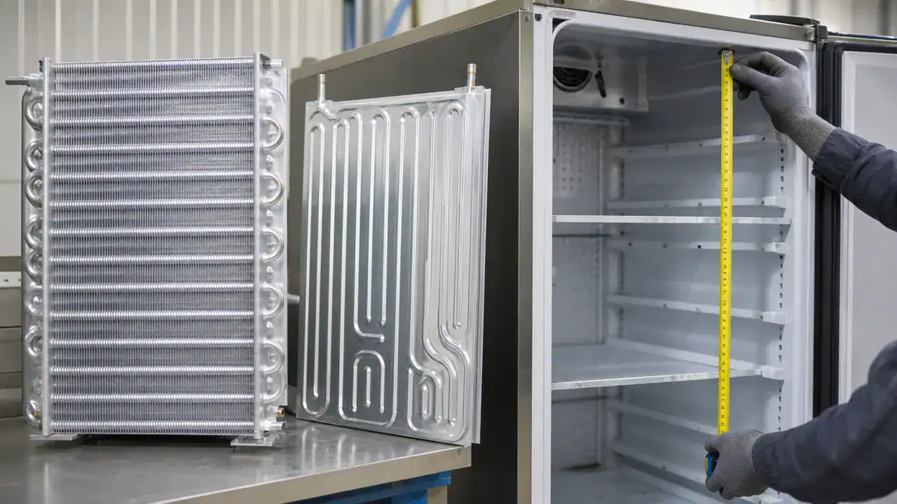 Freezer evaporator structure fit check with fin coil and roll-bond panel