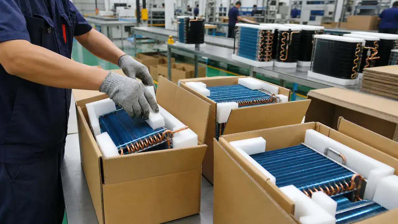 Residential refrigeration coils protected in export packaging for OEM shipment