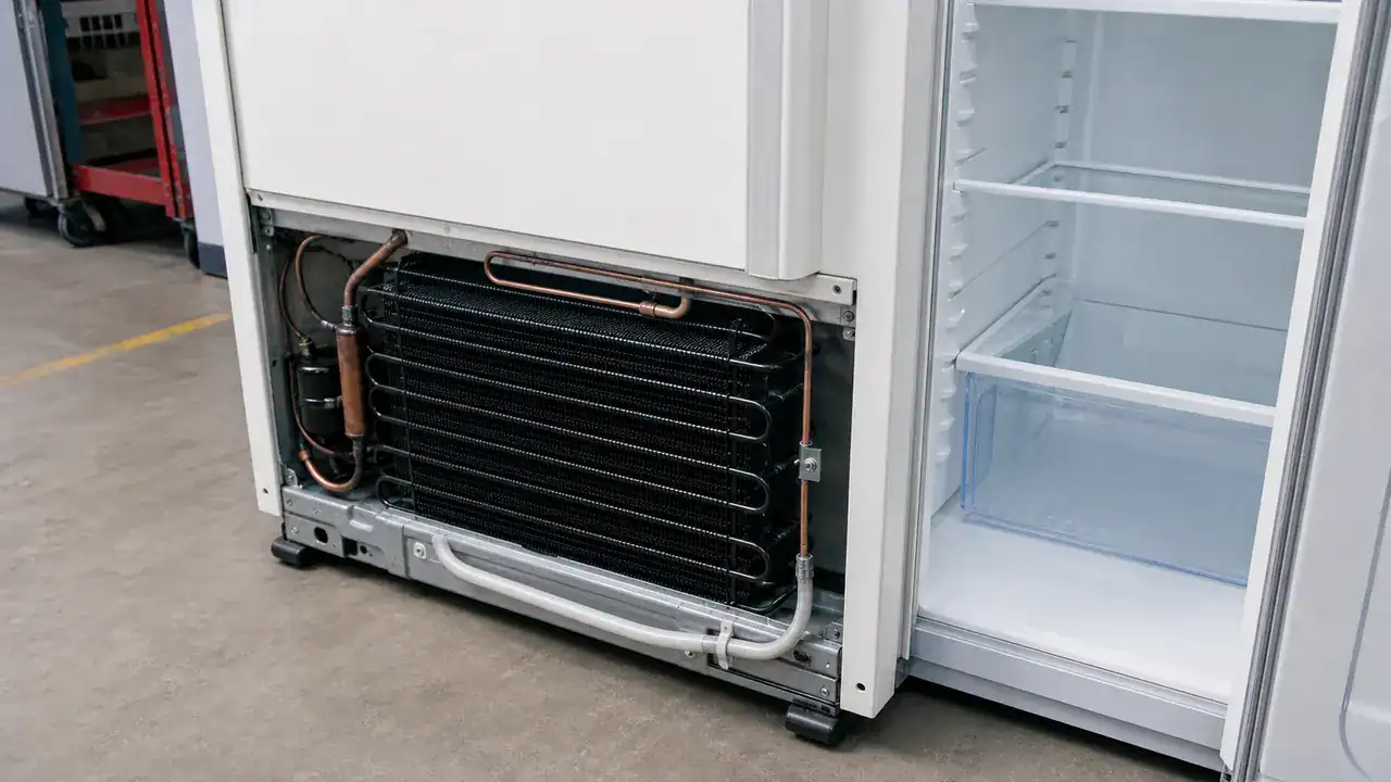 Household refrigerator condenser coil installed behind the rear cabinet panel