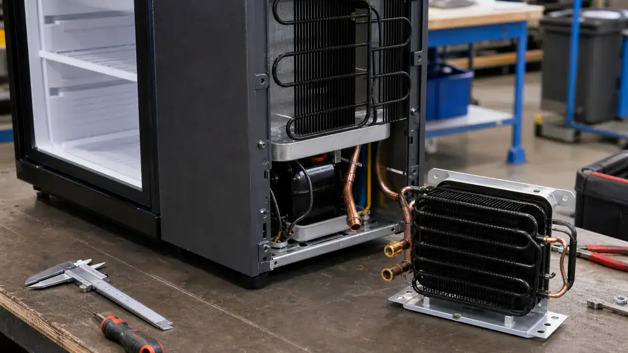 Compact appliance replacement refrigeration coil beside a mini refrigerator