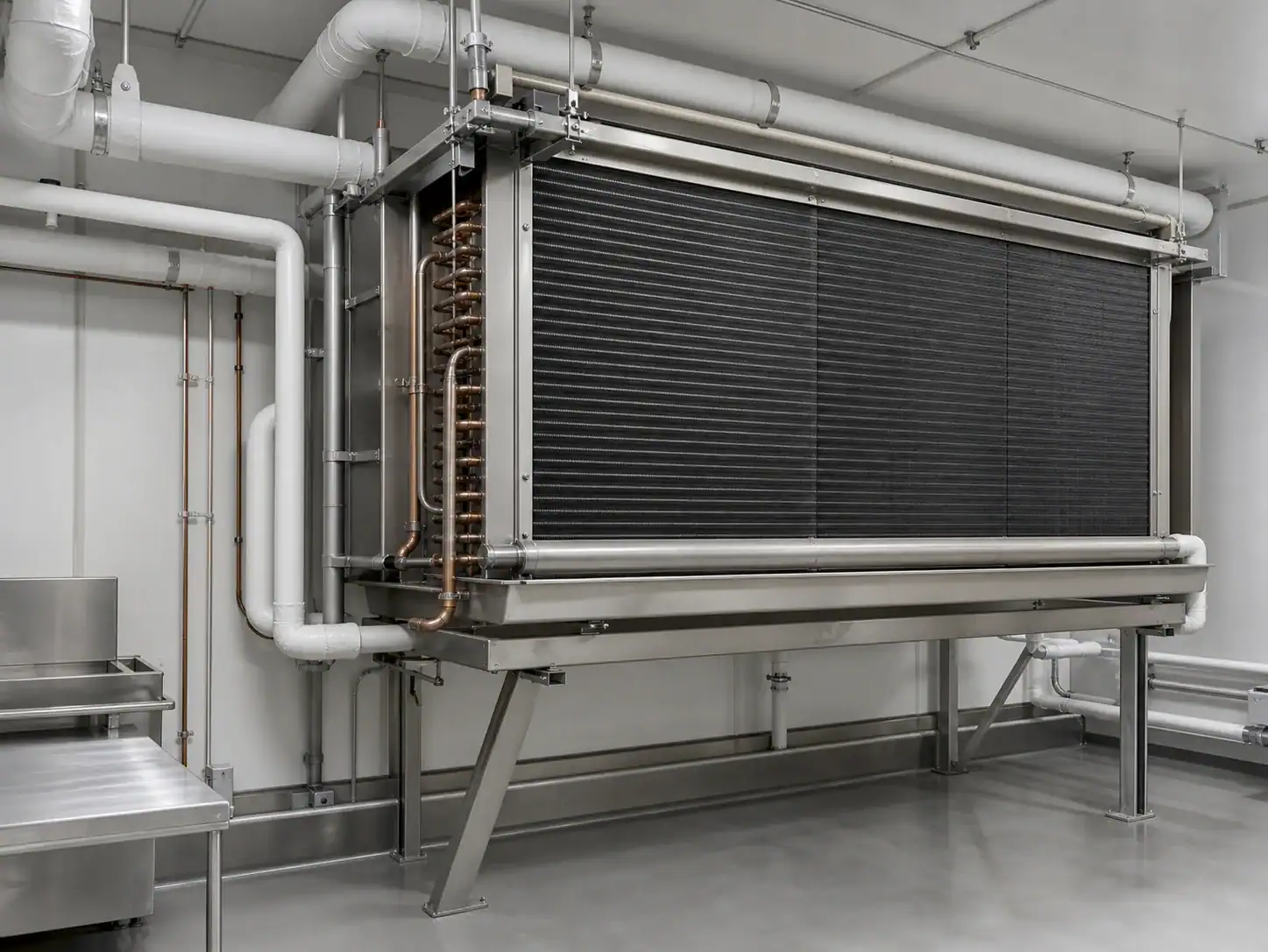 Large industrial refrigeration coil with piping in a clean facility.