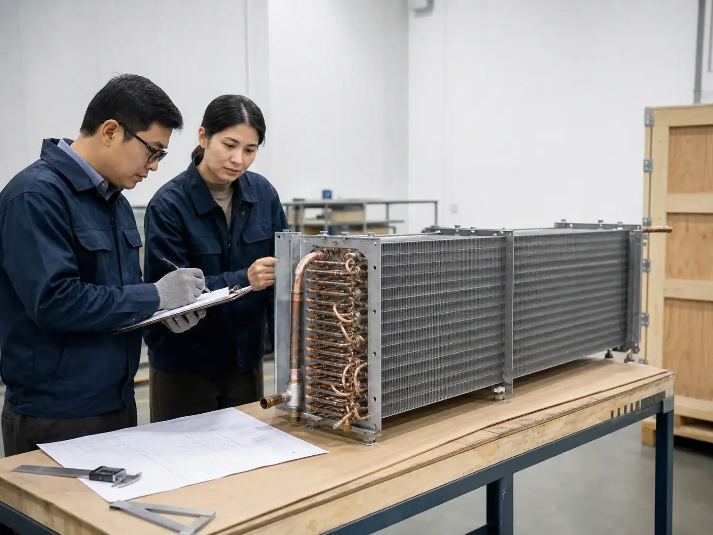 Engineers inspecting a large industrial refrigeration coil in a workshop.