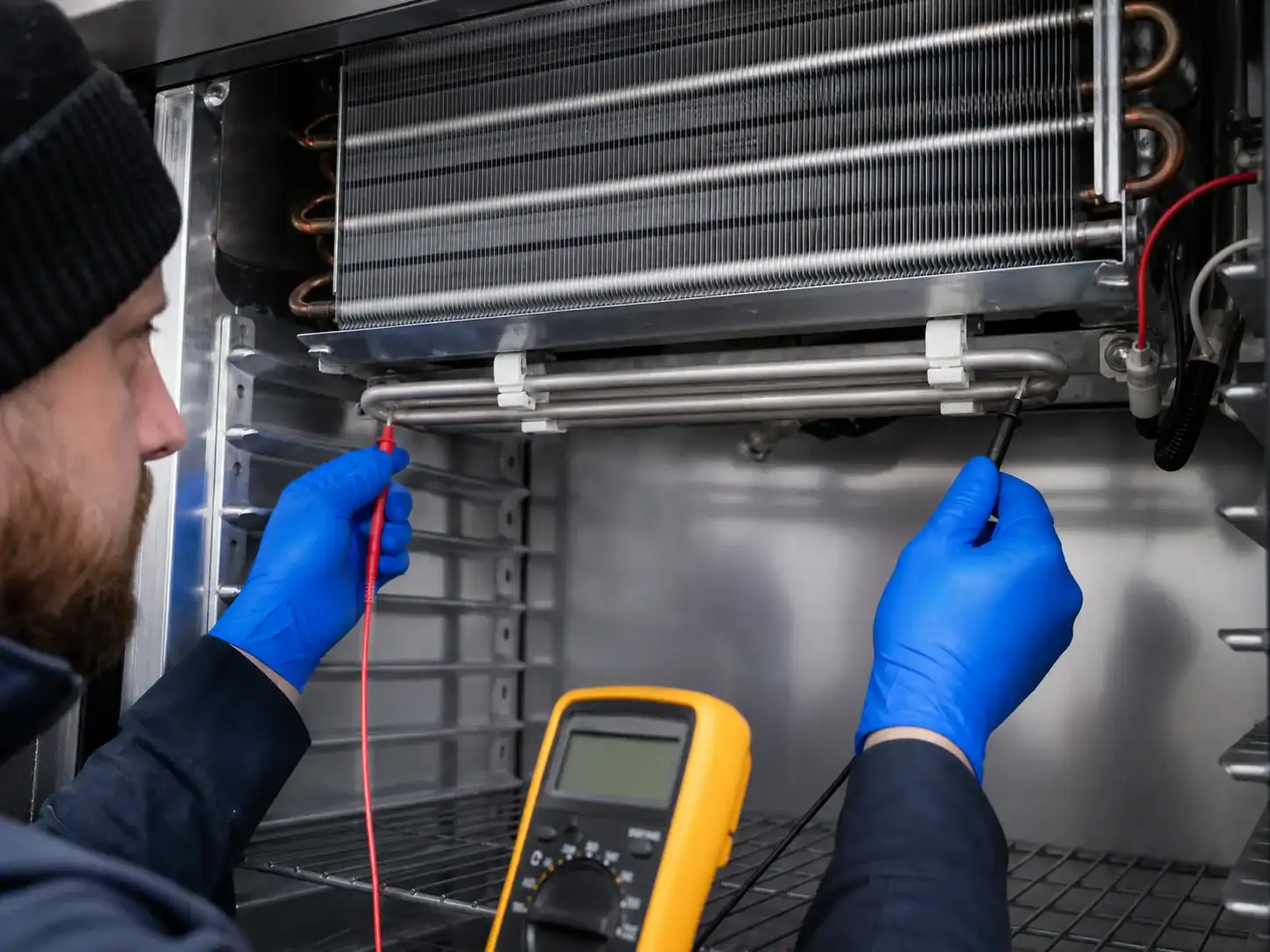 Technician testing a refrigeration defrost heater beneath an evaporator coil