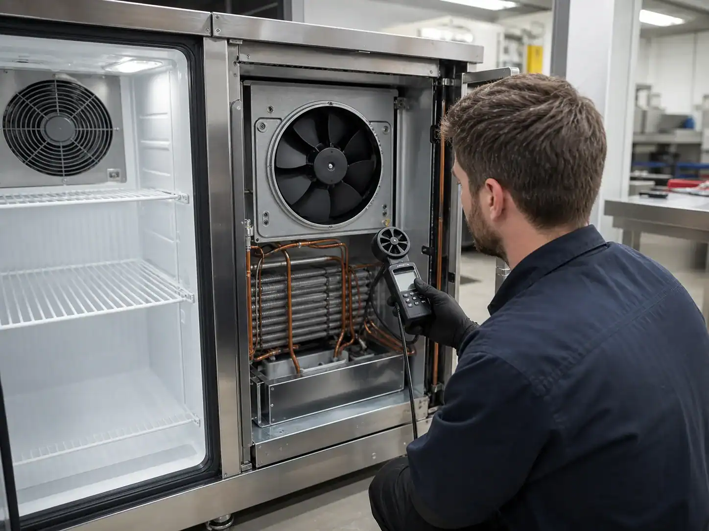 Technician measuring airflow inside a commercial refrigerator where the freezer still works