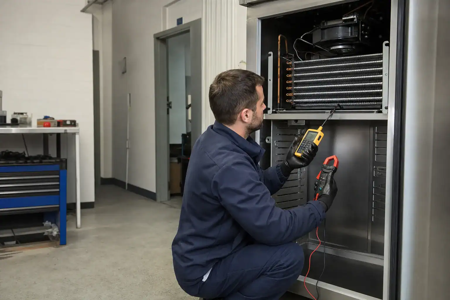 Service engineer checking a commercial refrigerator evaporator coil and airflow