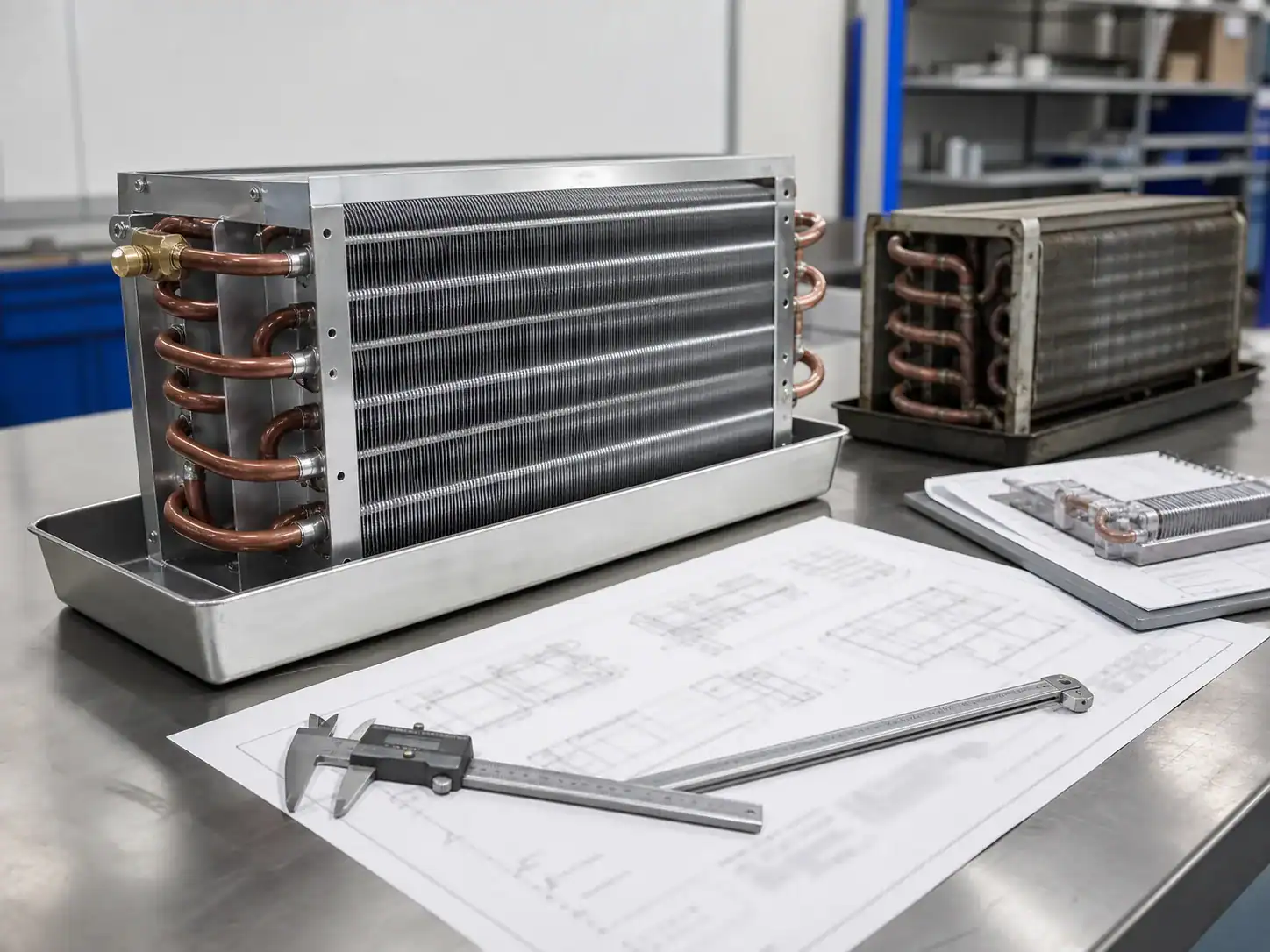 Custom replacement evaporator coil beside a sample, calipers, and technical drawing