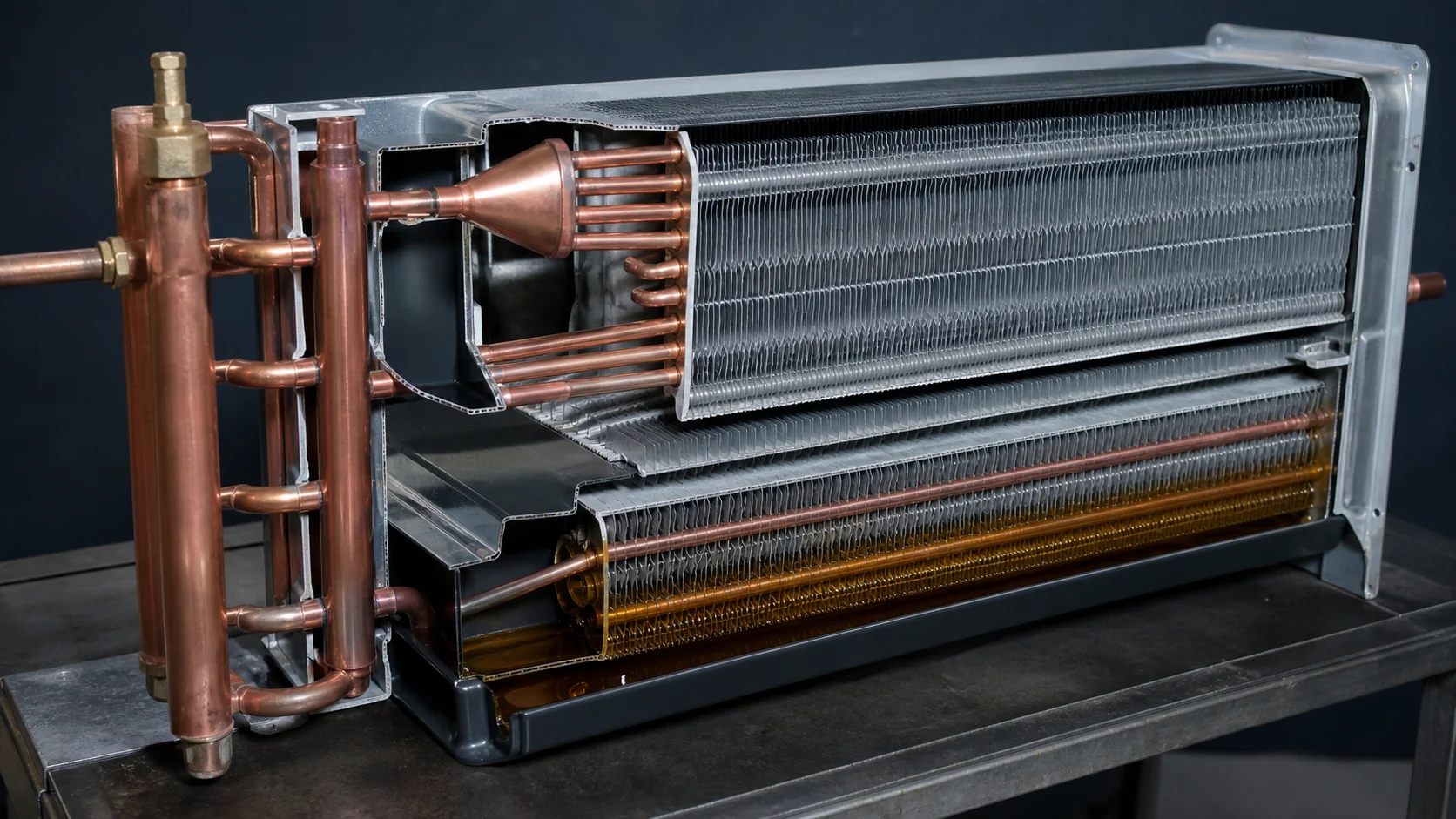 Evaporator coil and fan shroud with airflow and refrigerant evidence on a test bench