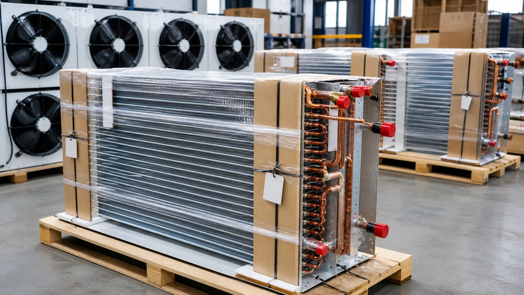 Finished custom evaporator coils protected and prepared for export