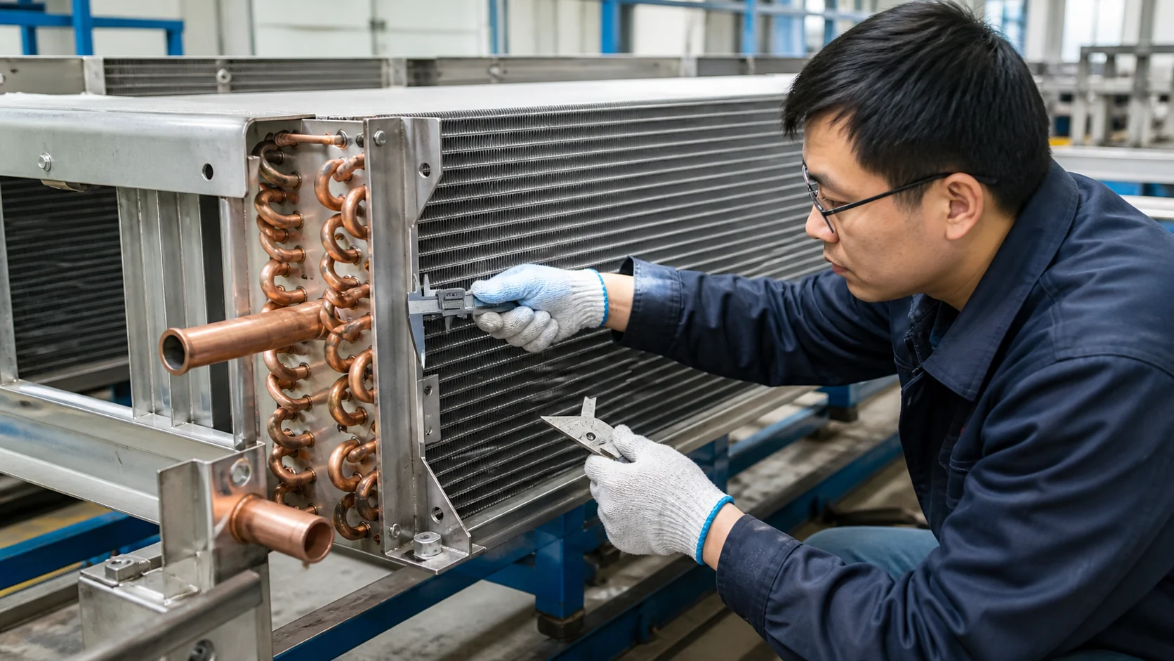 Engineer checking evaporator coil headers, outlet slope and mounting geometry