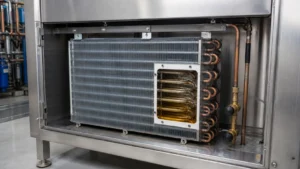 Evaporator coil with visible oil logging indication in a refrigeration test cabinet