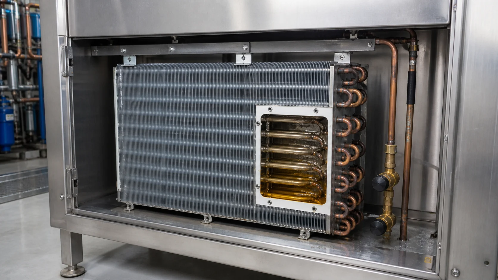 Evaporator coil with visible oil logging indication in a refrigeration test cabinet